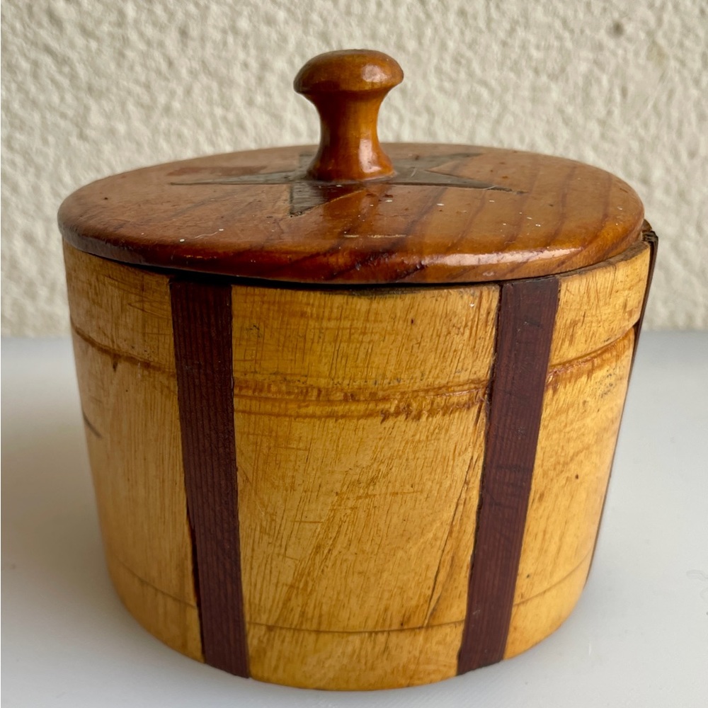 Antique 19th Century Wooden Folk Art Box - Hand-Turned Striped Wood & Star Inlay